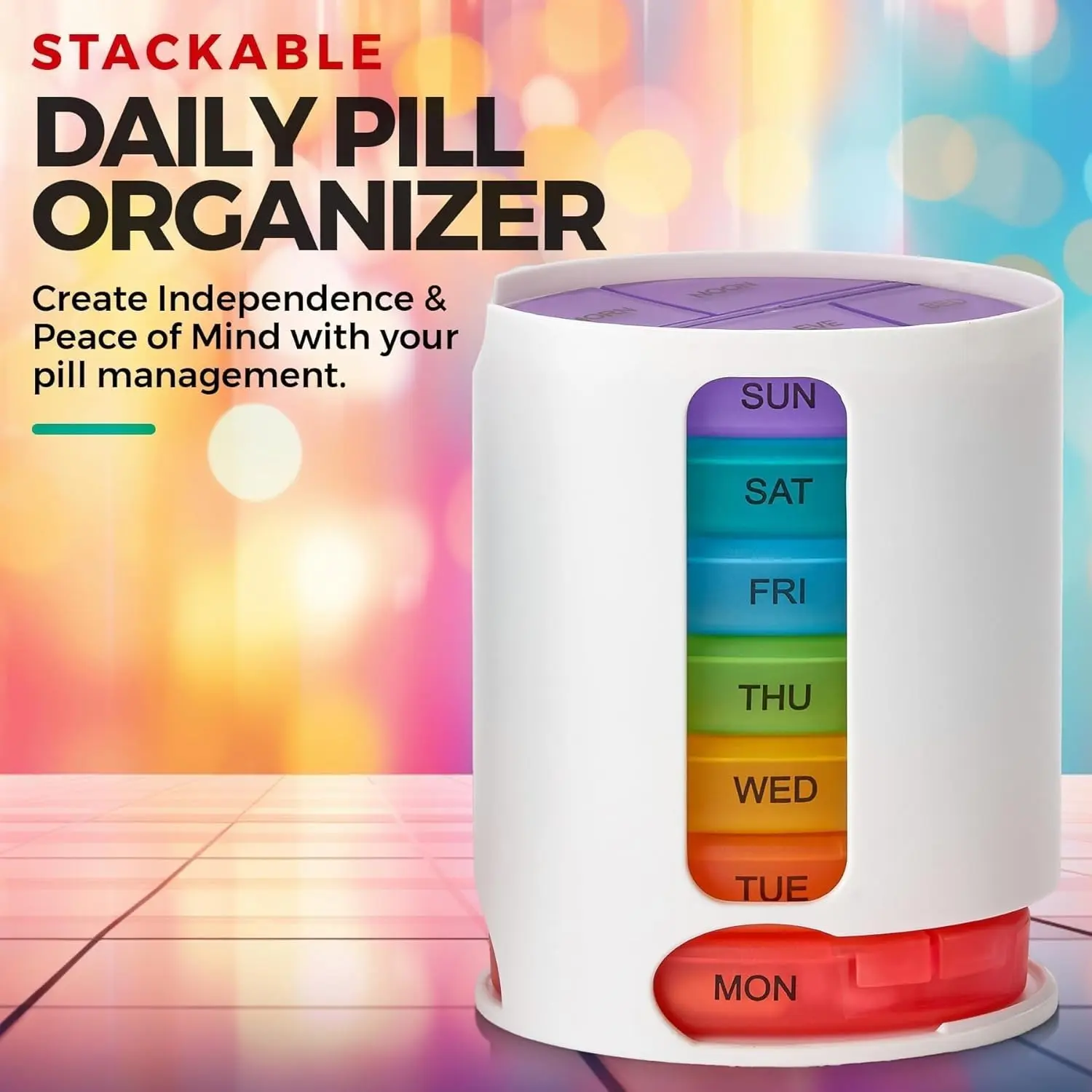 Weekly Pill Organizer, 1 Dispenser, 7 Stackable Multi-Color Compartments Four Times-a-Day - Morning, Noon, Evening, and Bedtime, White