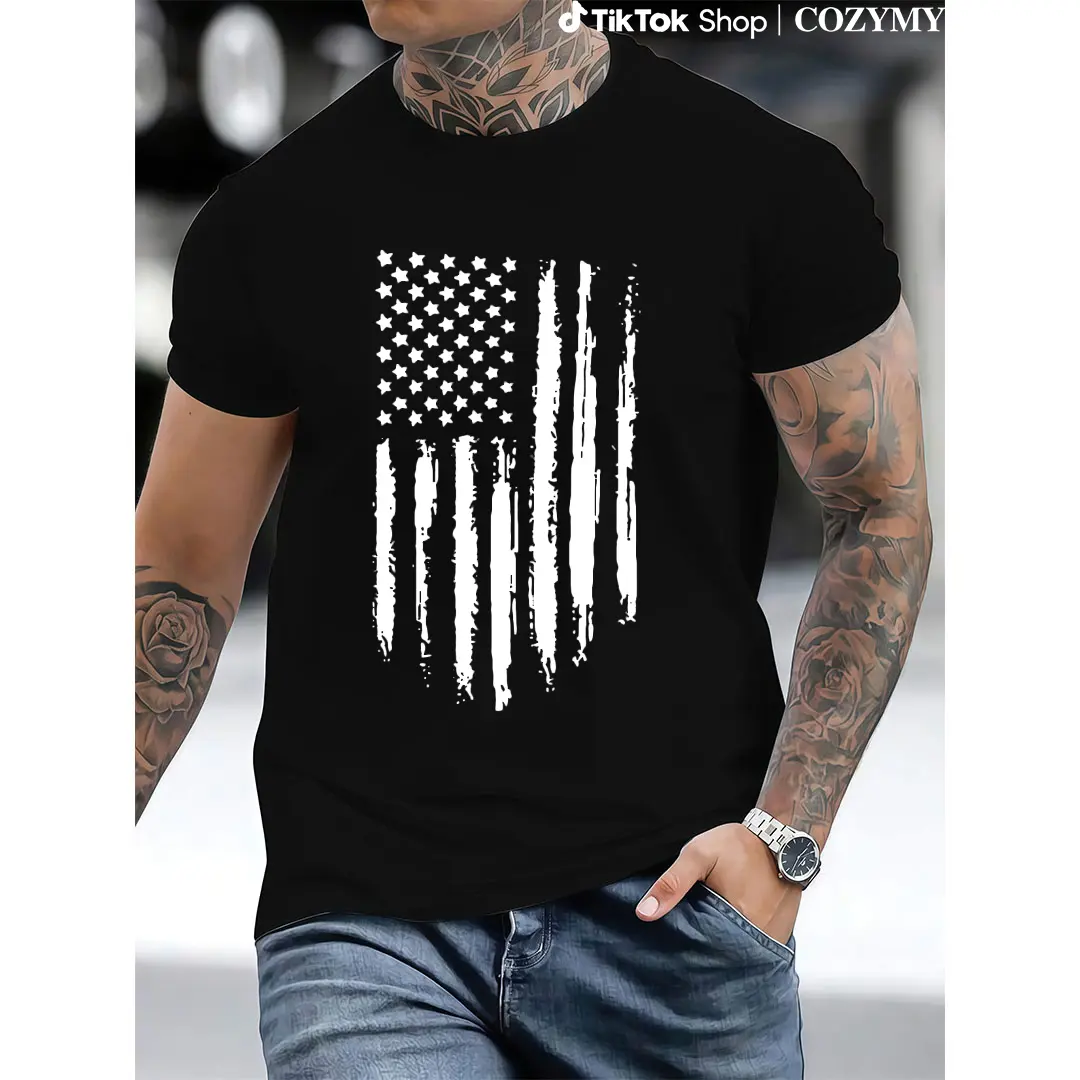 American flag print crew neck short sleeves, summer crew neck tops, men's plus size everyday clothing
