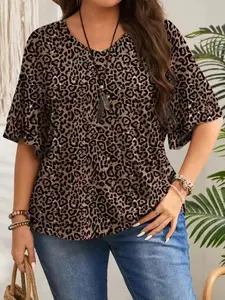 2026 New Summer Leopard Print V-Neck Short Sleeve T-Shirt for Women, Casual Drop Shoulder Fashion Chic Vacation Top, Plus Size, Suitable for Spring and Summer