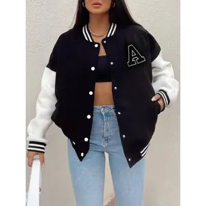 Women's Letter Patched Long Sleeve Collared Jacket, Jackets for Women, Sports Jacket, Lady Button Front Varsity Jacket, Preppy Casual Mock Neck Outerwear, Cozy Fall Outfits, Womenswear Casual Jacket Downtown Girl Clothes, Coat for Women 202