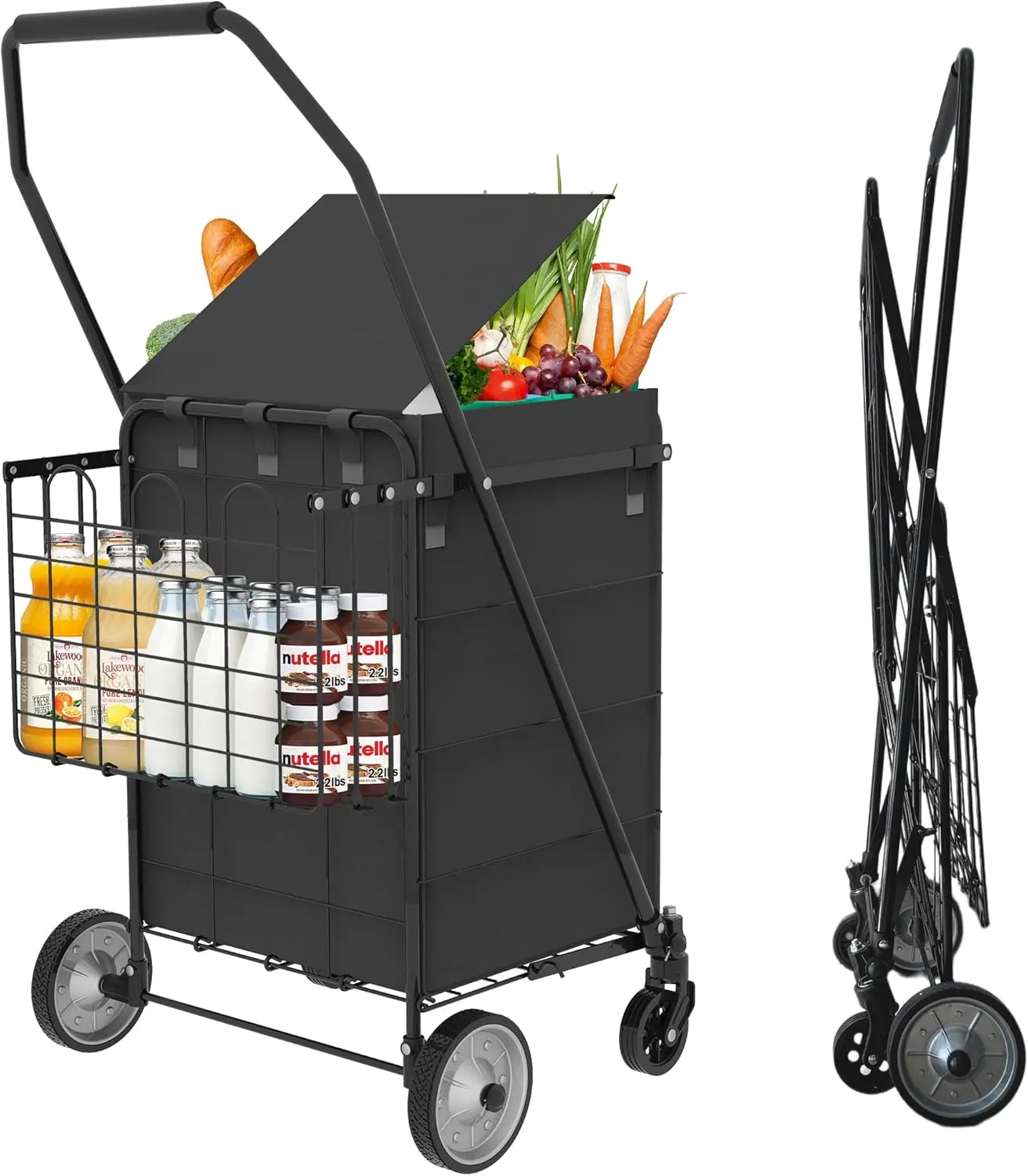 Foldable All-Terrain Grocery Cart with 360° Swivel Wheels, 100LB Heavy-Duty Compact Fold Rolling Utility Trolley, Layered Baskets Multi-Use Hauler for Moms, Camping Narrow Halls Space-Saving Laundry Cart