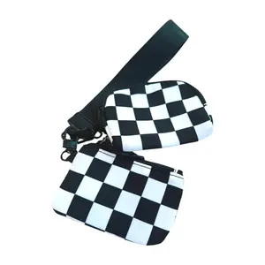 Black and White Checkered Wristlet Keychain with Dual Pouches - Nylon dual pouch wristlet wrist purse bag purse