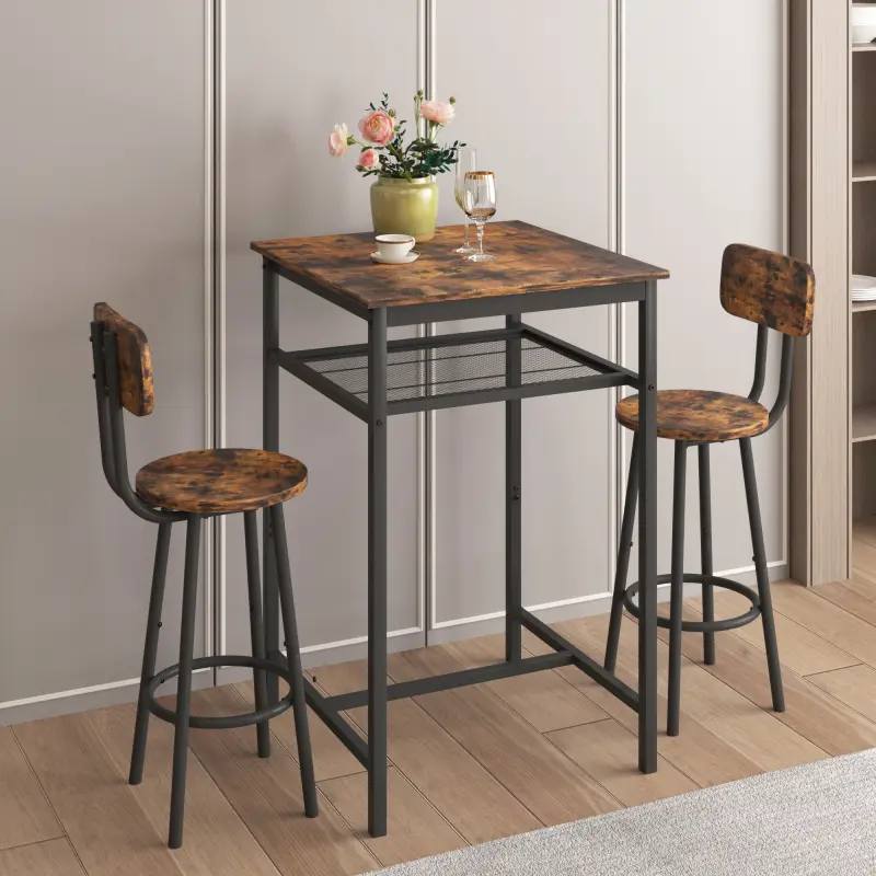 Modern 3-Piece Indoor Use Furniture Set - Rustic Brown Table with 2 Backrest-Equipped Stools and Partition