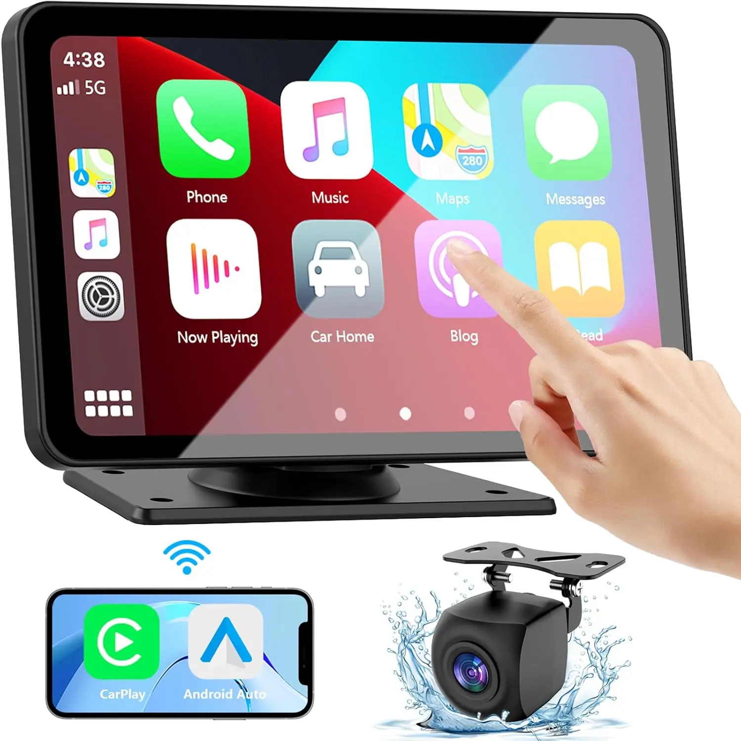 Haudio Carplay Screen for Car, 7" HD Wireless Portable Car Play Touchscreen Stereo with Android Auto Mirror Link/Backup Camera/GPS Navigation/Satellite Radio for All Vehicles head unit