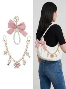 2Pcs Coquette Pink Bow Pearl Bag Charm Set Fashion Bag Charms Aesthetic Gold Purse Chain with Cute Rhinestone Pendants Charms For Bags Girly Purse Accessories