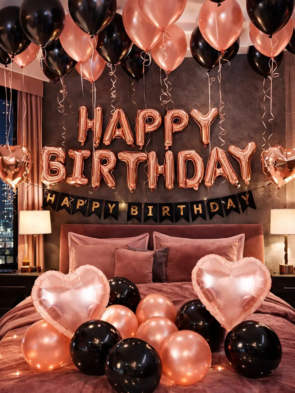 Rose Gold-Black Balloon Decorations Full Set (43pcs) - Home Kit with Happy Birthday Letter Foil Banner, Hearts Foil & Latex Pieces for Elegant Party Look, Instant Party Scene Backdrop Photo Decoration, Home Balloons