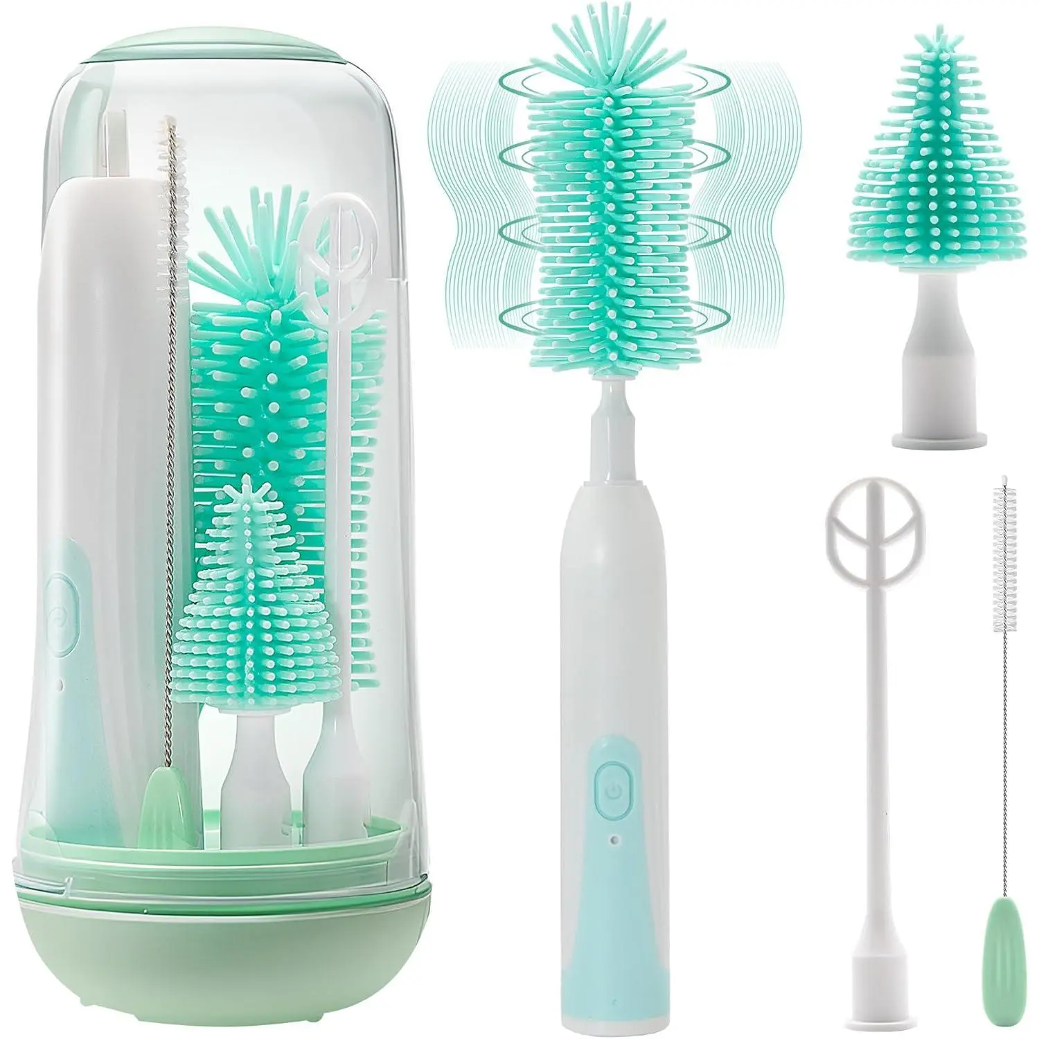 Electric Bottle Brush Cleaner, Portable Electric Baby Bottle Brush for Travel, Waterproof Electric Bottle Cleaner Set with Nipple & Straw Brush, Baby Bottle Brush Electric with Drying Rack