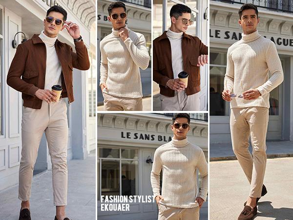 Ekouaer tiktok shop Men Turtleneck Shirts Lightweight Long Sleeve T Shirt Ribbed Thermal Tops Baselayer Pullover thermal underwear  Plain Menswear