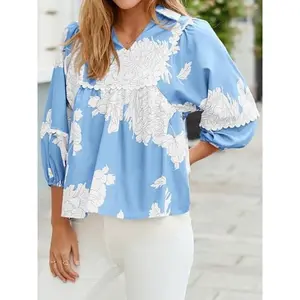 Imily Bela Womens Floral Peplum Babydoll Tops 3/4 Puff Sleeve Pleated Blouse Cute Casual V Neck Loose Fit Flowy Boho Shirts