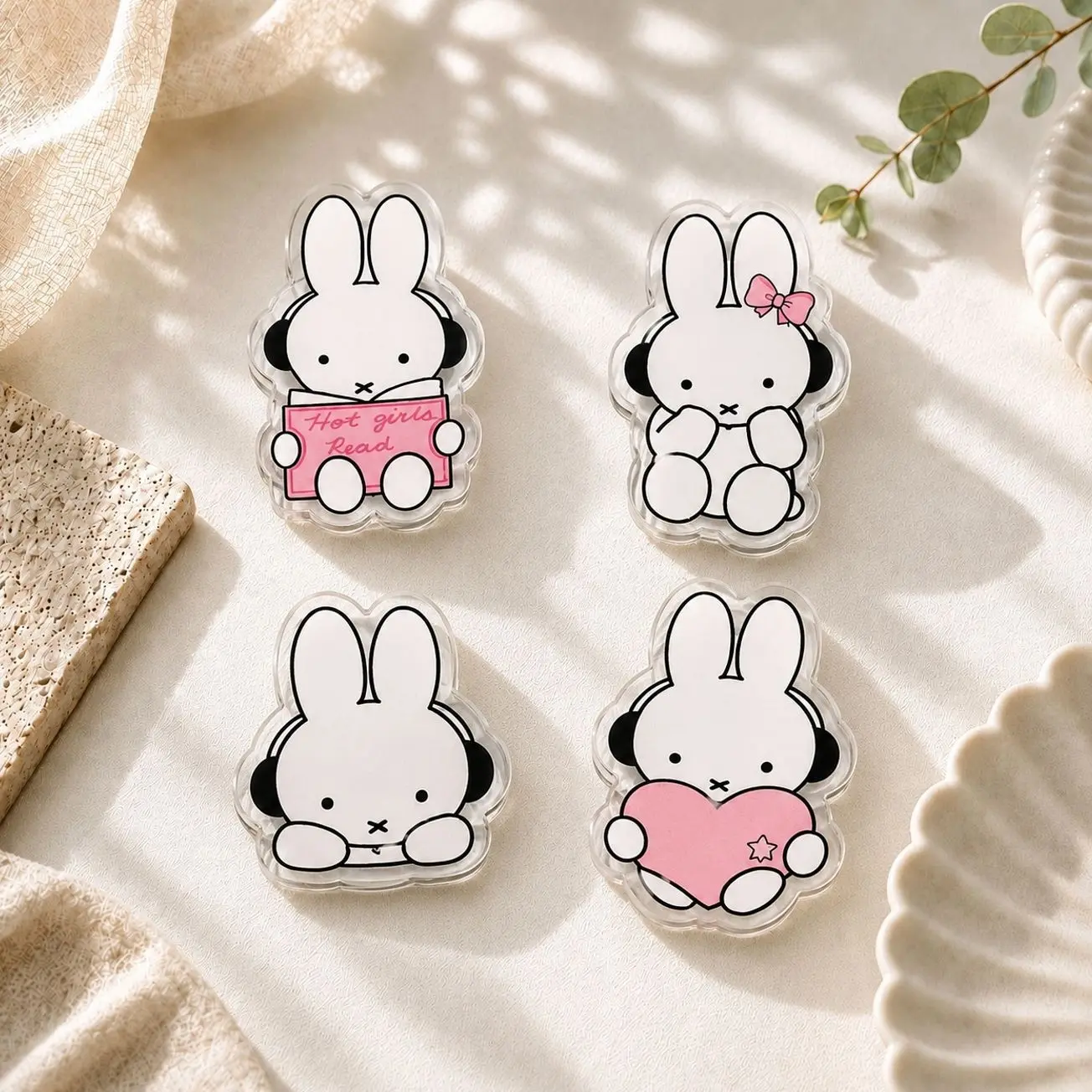 Cute White Bunny Phone Grip, Book Lover Rabbit miffy pink Phone Holder, Minimalist Kawaii Bunny Accessory, Gift For Book Lovers & Coworkers