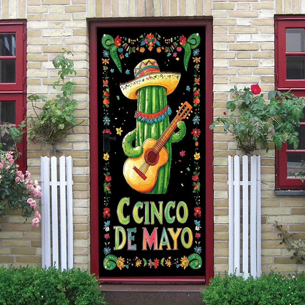 2pcs   Cinco de Mayo Decorative Door Sticker Mexican Cactus with Guitar and Sombrero Design Festive Wall Decal for Home Party Decoration Removable Vinyl Art for Indoor Outdoor Use  Collage Self-Adh