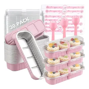 30 Pack Mini Loaf Cake Pans with Lids & Spoons, 6.8oz Disposable Aluminum Foil Baking Tins, Rectangular Mini Bread Pans for Baking, Meal Prep, Party, Picnics & Holiday Gifts