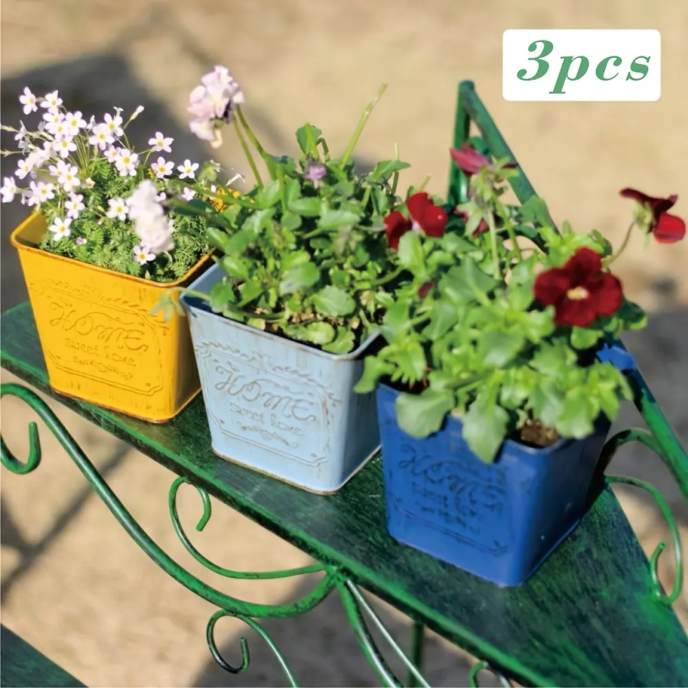 3 Zinc-Plated Metal Planters, Triple Set, Durable Outdoor & Indoor Flower Pots, Vegetable Planter Pots, Decorative Garden Pots, Pot For Plants, Vintage Country Charm, Rustic Style, Ideal for Home Decor