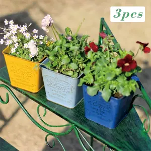 3 Zinc-Plated Metal Planters, Triple Set, Durable Outdoor & Indoor Flower Pots, Vintage Country Charm, Rustic Style, Ideal for Home Decor