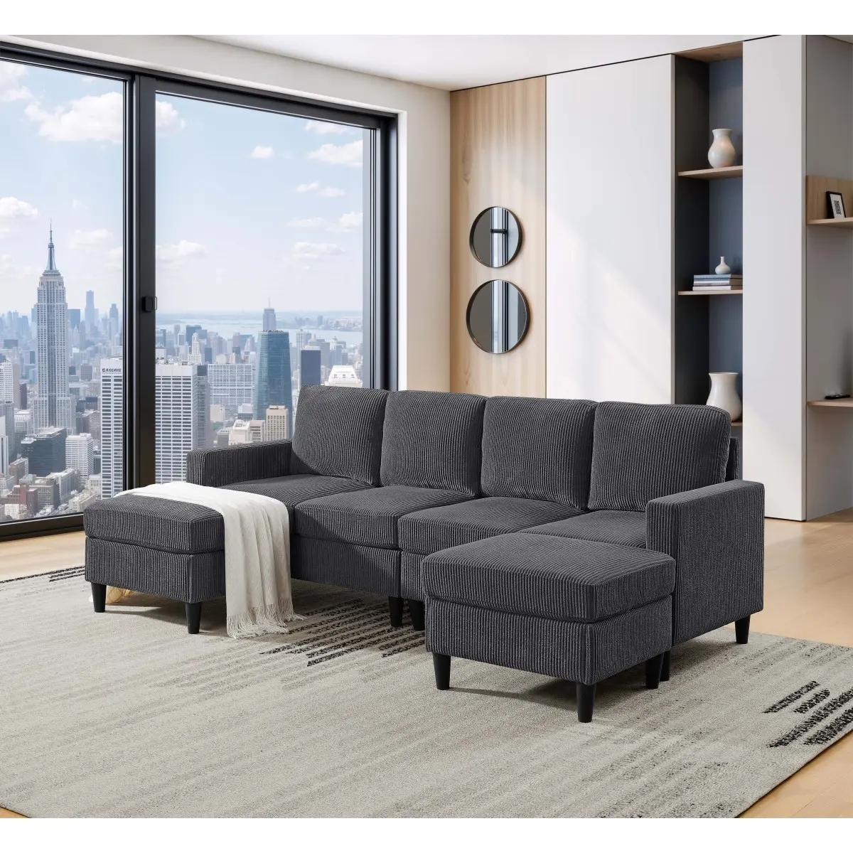 Aobtkel Classic Durable Corduroy Upholstered Modular L-Shaped Corner Sectional Sofa Set - Multiple Seats, 2 Moveable Ottomans, Custom Configuration, Tall Legs, Assembly Required, Indoor Living Room Furniture (On-Site Delivery)