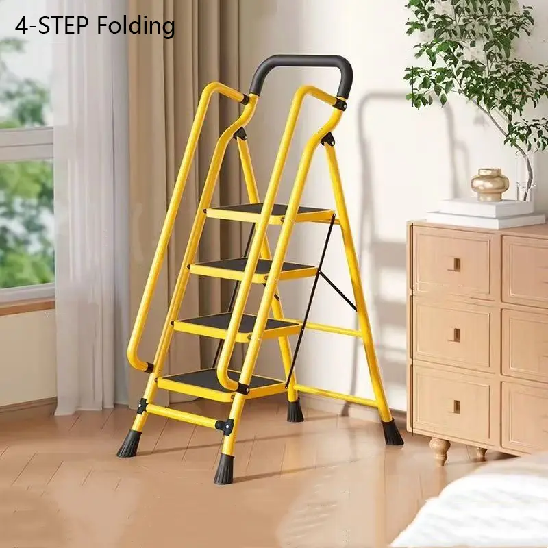 Portable 4-Step Folding Ladder with Handrails - Sturdy Portable Ladder, Steel Frame, 500 lbs Capacity, Anti-Slip Wide Pedals, Comfortable Grip, Compact Collapsible Design for Easy Storage, 73.5in H×20.5in W×4.7in D, Indoor Use for Home Office