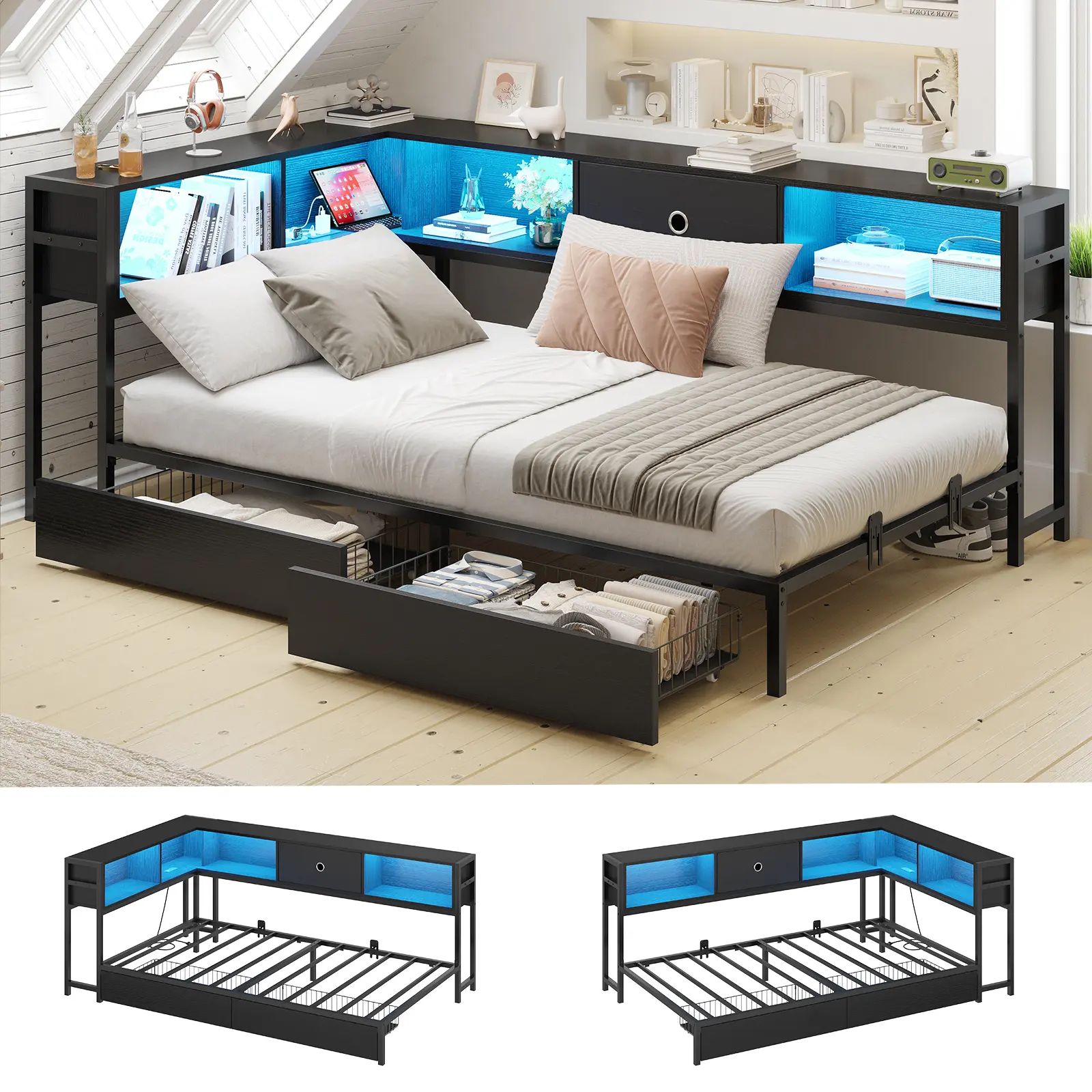 Hasuit Twin Size Metal Corner Bed Frame - Hidden Storage Compartment, Built-In Drawers, Bookcase Headboard with Storage and LED Lighting, Charging Station, RGB-Lit Daybed for Kids Teens, Hidden Storage Compartment Bed Frames