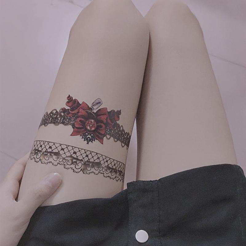 Women's 3 Sheets Large Size Thigh Temporary Tattoos (8.26x5.9in) - Normal Style PVC Glitter Water Transfer Stickers, Assorted Lace, Gun & Bow, Butterfly Designs, Unscented Single Leg Stickers for Kids, No Battery Needed