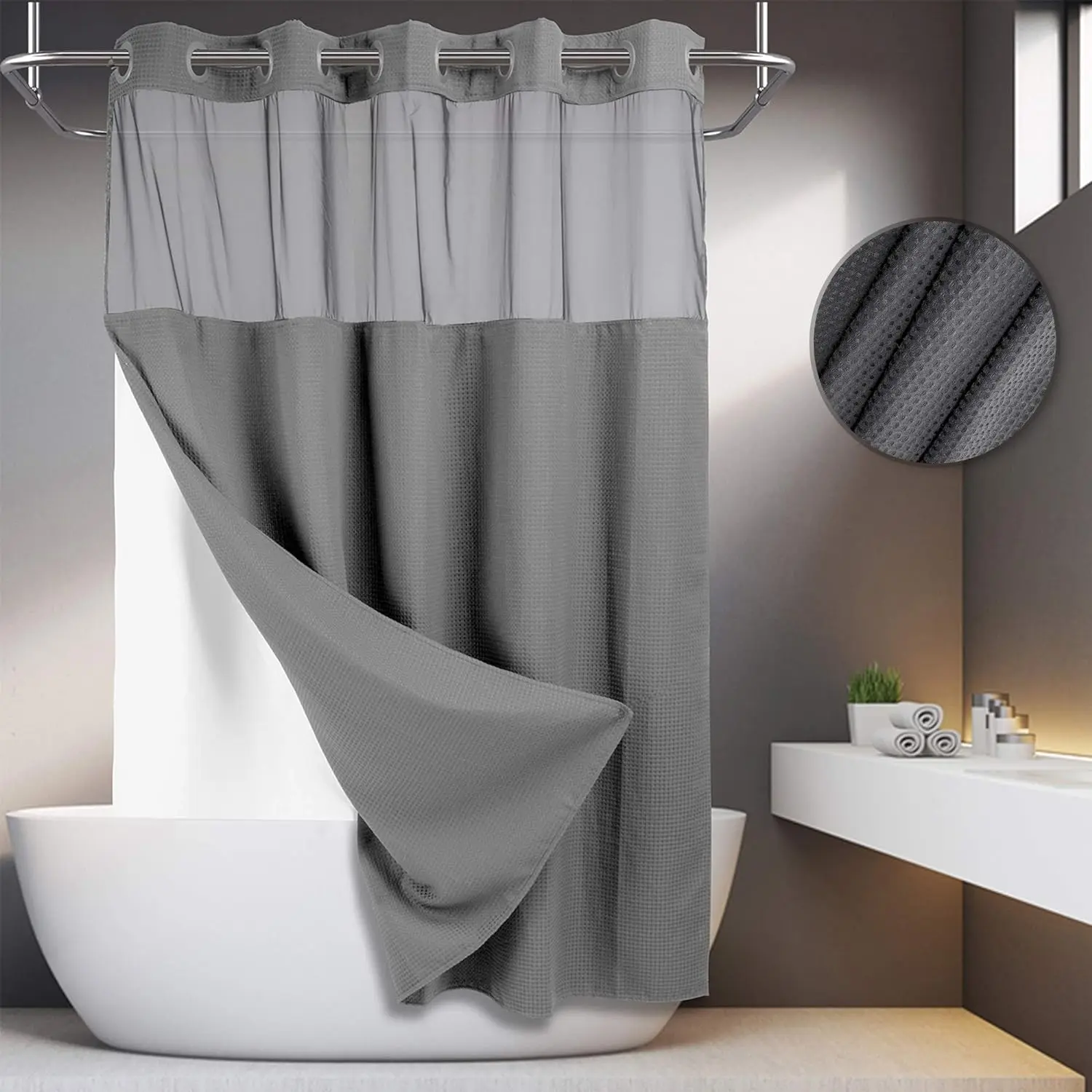 No Hook Waffle Shower Curtain with Snap-in Liner | Double Layer Waterproof & Washable 72x75 Inch | Modern Bathroom Accessory for Home, Hotel, Salon & Dorm Decor #backtoschool #dormdecor #bathroomorganization pleated