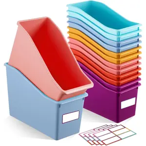 12 Pcs Book Bin for Classroom with Labels Stackable Plastic Organizing Bins 11.5 x 5.4 x 7.5 in Book Holders Storage Bins Box Baskets for Classroom Library Home (Wildflower Color)