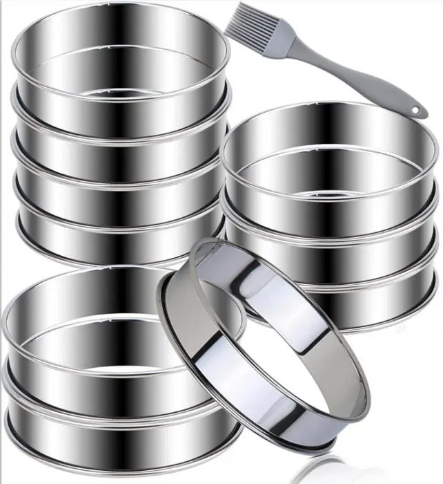 12 Packs English Muffin Rings, 3.15 Inch Stainless Steel Crumpet Ring Double Rolled Tart Nonstick Metal Round Molds with Silicone Oil Brush Baking Utensils Supplies Baking Supplies Kit Cookie Cutters Home Bakeware