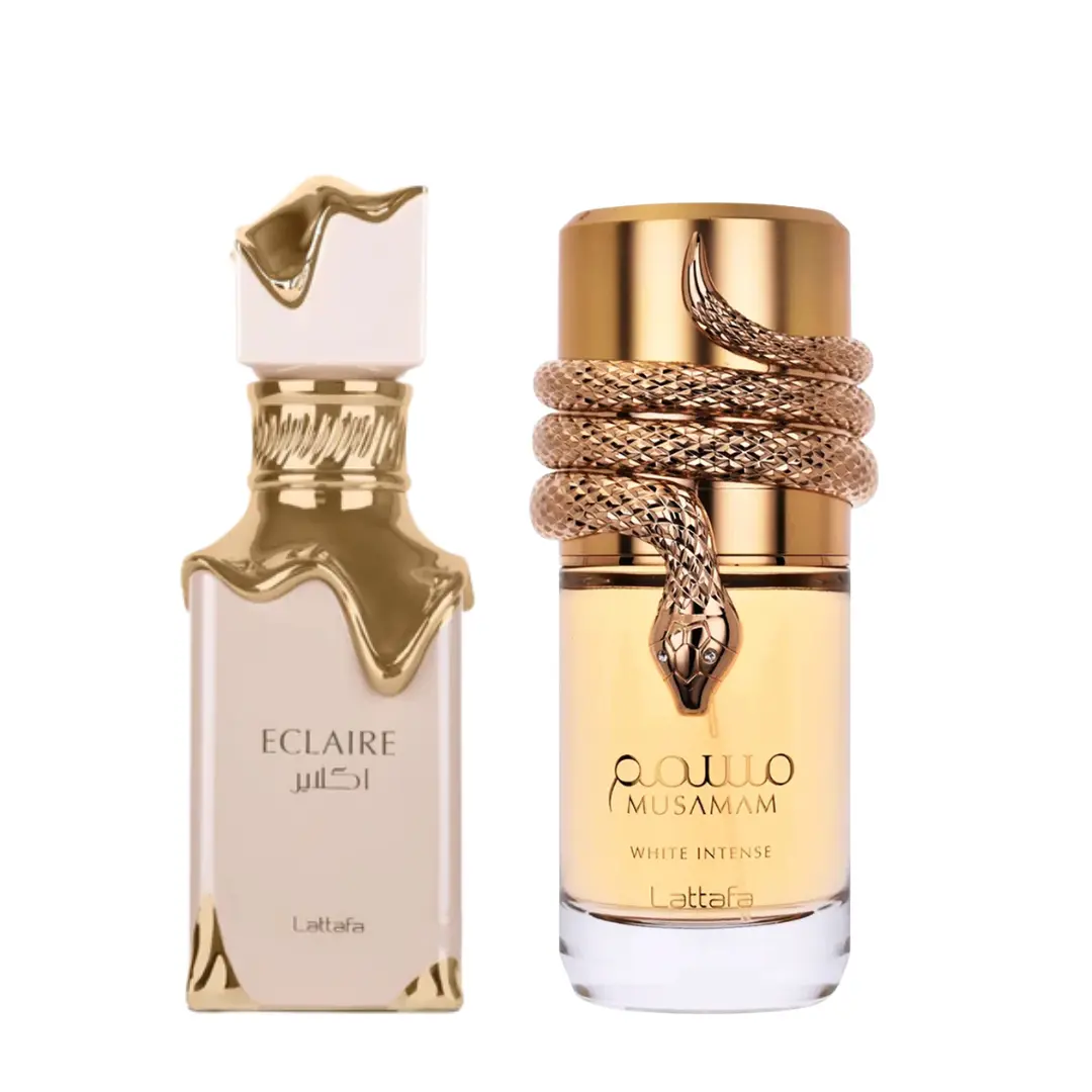 Lattafa Eclair & Musamam EDP Fragrance Gift Set, 2-Pack Long-Lasting Unisex Perfume, Gourmand Sweet & Spicy Oud Scent Bundle, 2 x 3.4oz (100ml), Fragrance Bottles