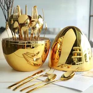 Creative Tableware Set, 24pcs/set Stainless Steel Cutlery with Egg-shaped Holder, Household Kitchen Gadgets, Perfect for Table Settings and Special Occasions