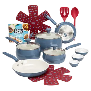 Tasty Clean Ceramic 16 Piece Non-Stick Aluminum Cookware Set, Slate Blue