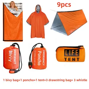 Complete Emergency Survival Kit, Polyester Rain Poncho, Insulated Sleeping Bag, Portable Rescue Tent, 3 Drawstring Bags, 3 Whistles, Survival Gear, Camping, Exploring, Outdoor Emergencies