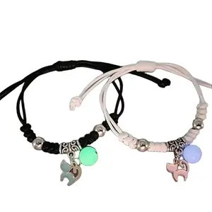 Whimsical Couples’ 2-Piece Hand-Woven Luminescent Thread Matching Bracelets Set - Adjustable Metal-Coated Connection Symbol Bangle, Casual Daily Fashion Accessory, Commemorative Gift