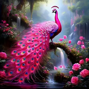 1 Set 5D Diamond Painting Kits - Pink Peacock - Full Square Diamond with Tools, Suitable for Beginners, DIY Mosaic Art Crafts, Home Wall Room Decoration