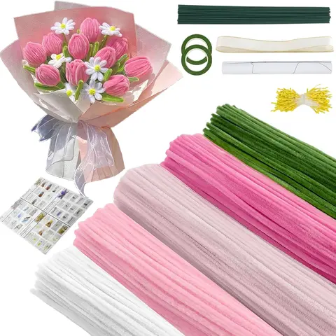 500 Pcs Pipe Cleaner Flower kit with Wrapping Paper, 5 Colors Pipe Cleaners Craft, Chenille Stems Flowers Craft kit with Flower Stems, Floral Tape, Stamen, Ribbon