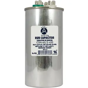 Appli Parts Dual Run Capacitor for ac 60+5 Mfd uF (microfarads) 370VAC or 450VAC CBB65 Round Universal fit for hvac and other applications 5-1/8 in High 2-1/4 in Wide CON-60/5-450