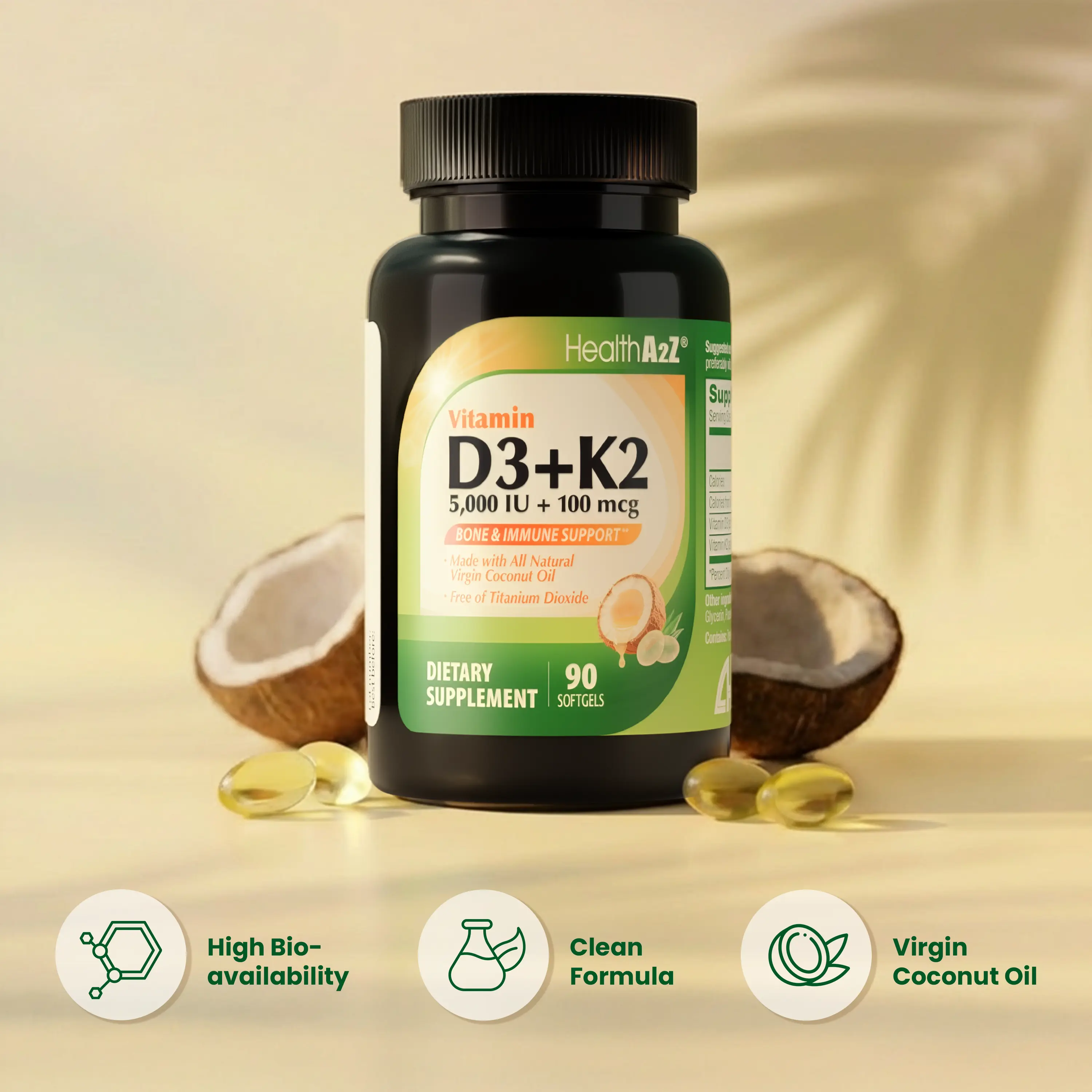 [Coconut oil] HealthA2Z Vitamin D3 + K2 Made with Virgin Coconut Oil (Natural MCTs) - 90 Softgels (Pack of 1) - Bone, Teeth, Mood, Immune Health Support - Helps Calcium Absorption - Supports Cardiovascular Health