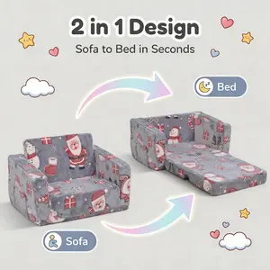 Kid's folding Small Sofa Couch,The Sofa Transforms Into A Bed In A Second,Santa Claus cartoon pattern ,Convertible Children Bed OutPlay Foam for kid3+ years old excellent gift for Christmasand Birthday Lounge Sofa Fun Furniture