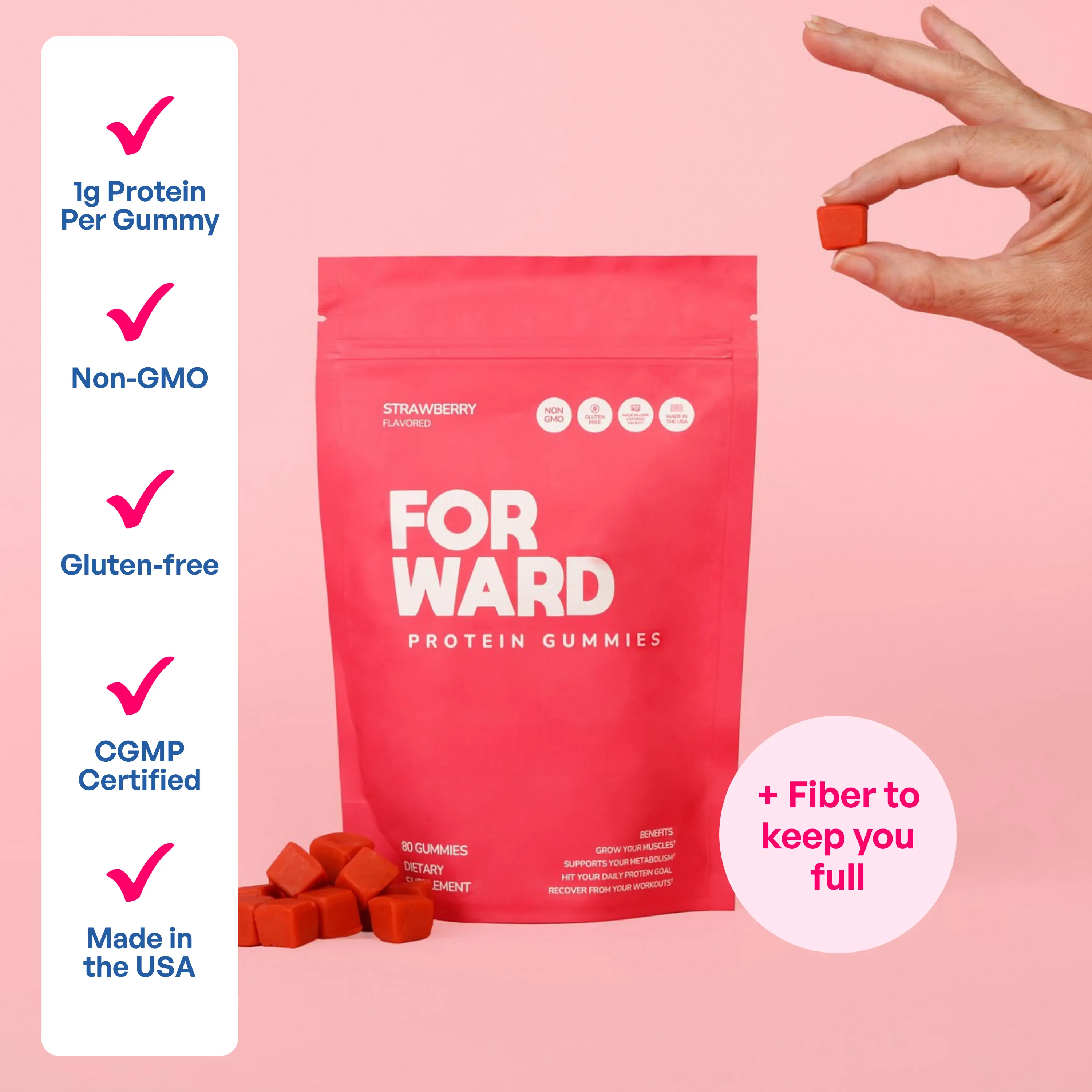 Forward Protein Gummies (Strawberry) – Whey Protein Snack, Great Taste, On-the-Go Muscle Support & Energy, 80 Gummies/Pouch