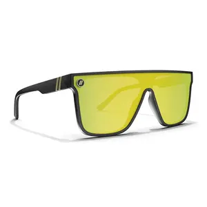 Blenders Eyewear SciFi Black/Gold Futuristic Shield Sunglasses - Matte Black Frame, Polarized Gold Mirror Lenses, Full Rim, UVA/UVB Protection