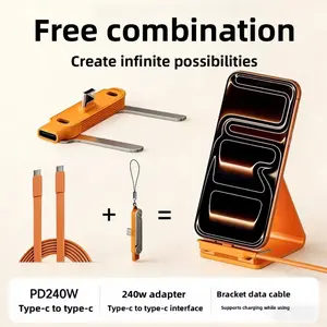 240W SuperCharge 2-in-1 Detachable Type-C Charging Cable, Zinc Alloy Silicone Cable with Rotating Invisible Stand, Single-Head Extend Charger for Apple & Samsung Smartphones, Ideal for Gaming & Car Use