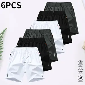 6-piece set, men's zipper pocket shorts, summer ice silk beach shorts, ice-sense quick-dry sports casual pants, basketball shorts thin, plus-size men's clothing reflective strip design, Menswear，Plain Trouser，suitable for running and fitness. Beige