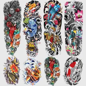 8 Sheets Full Arm & Half Sleeve Temporary Tattoos, Body Fake Tattoos, Colorful Koi Skull Floral Designs, Long-Lasting Waterproof Realistic Body Art Stickers