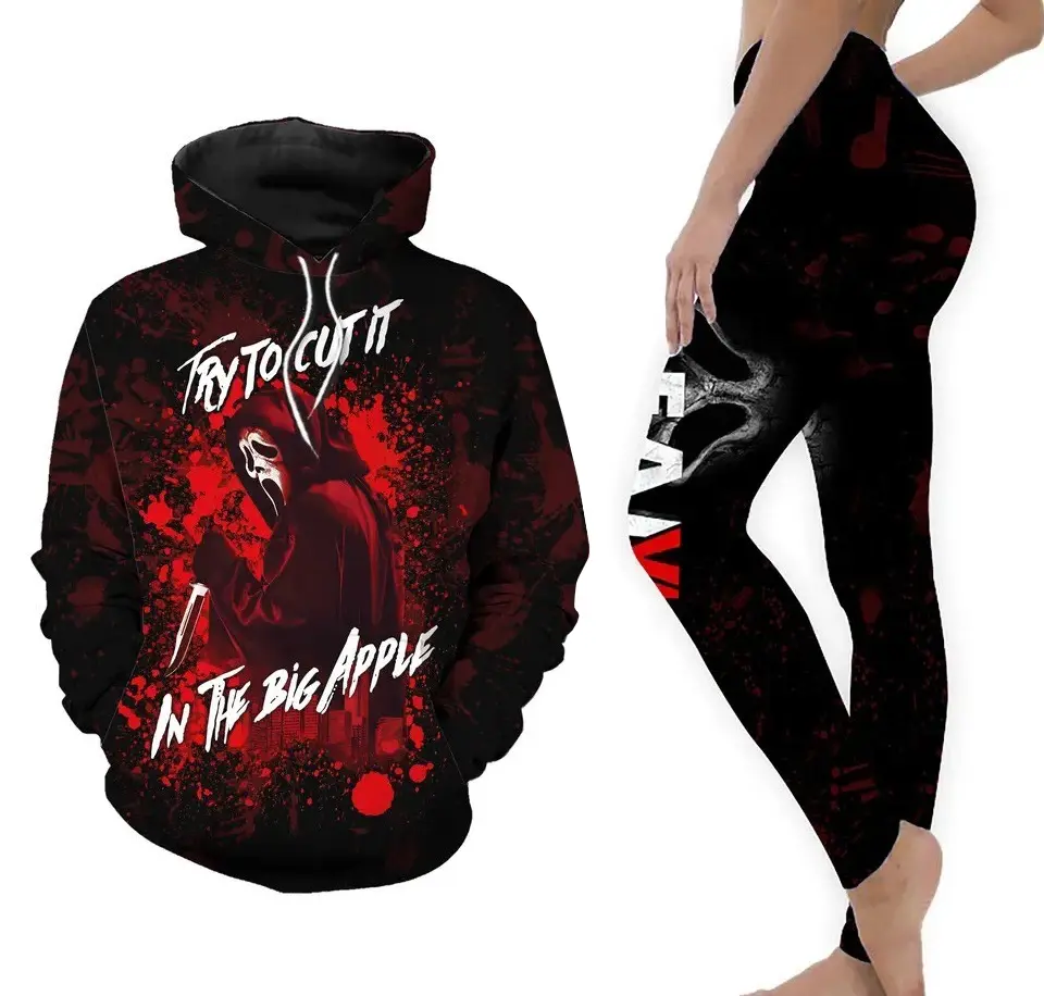 Ghostface Inspired 3D Hoodie and Leggings Set for Women, Horror Movie Style Outfit, Scary Graphic Sweatshirt and Halloween Activewear Combo