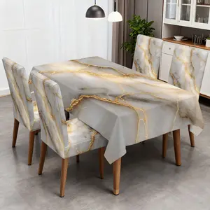4/5/6/7pcs Golden Veins on Marble Chair Cover And Tablecloth Set, Easy to Install & Care for, Fits Indoor Home Decor, Camping, Festival Decor, Dining Room, Party Use, Slipcover