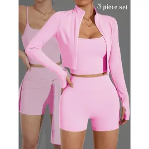 Women's three-piece sports suit for yoga, fitness, and running: U-neck tank top + high-waisted butt-lifting shorts + long-sleeve jacket with thumb holes. Breathable, quick-drying, slimming, suitable for spring, summer, and autumn