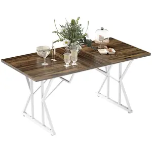 HOMCOM 47"-63" Expandable Dining Table for 4-6 People, Farmhouse Extendable Dining Room Table with Heavy Duty Metal Trestle Base, Rectangle Kitchen Table, Distressed Brown