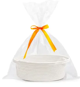 Pro Goleem Small Woven Basket with Gift Bags and Ribbons Durable Baskets for Halloween Gifts Empty Small Rope Basket for Storage 12"X 8" X 5" Baby Toy Baskets with Handles, White