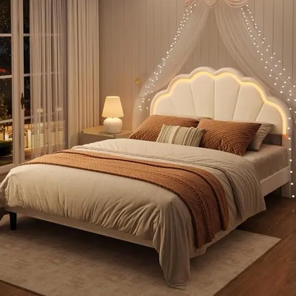 GARVEE Queen/Full Size Upholstered LED Bed Frame, Velvet Shell-Shape Headboard, Integrated LED Lights