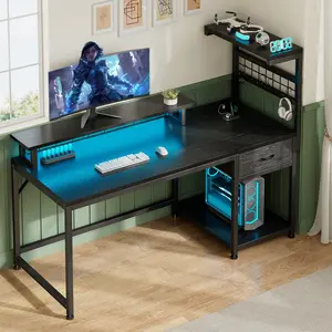 【Cost-effectiveness】Raybee 48'' Gaming Desk with Drawer,Computer desk with LED Lights & 3AC Power Cord & Outlets,Home Office Desks with Monitor Stand,Side Shelf,Metal Frame