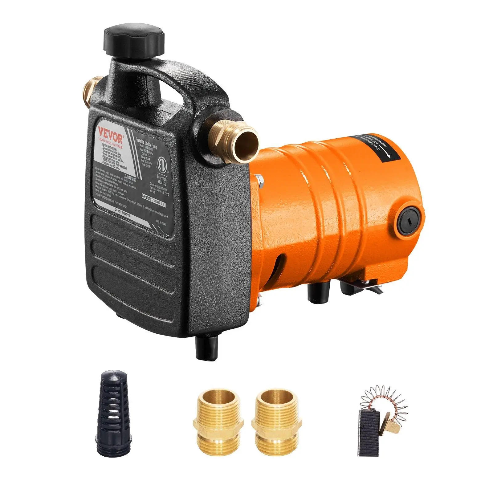 VEVOR 1/2HP 1600 GPH Cast Iron Water Transfer Pump, 115V AC Power, Portable Electric Utility Pump with Button Switch, Carbon Brush, Filter, Brass Connectors, 10 Ft Cable, Screw-Cap-Type Inlet, Ergonomic Design for Water Drainage, Garden Irrigation