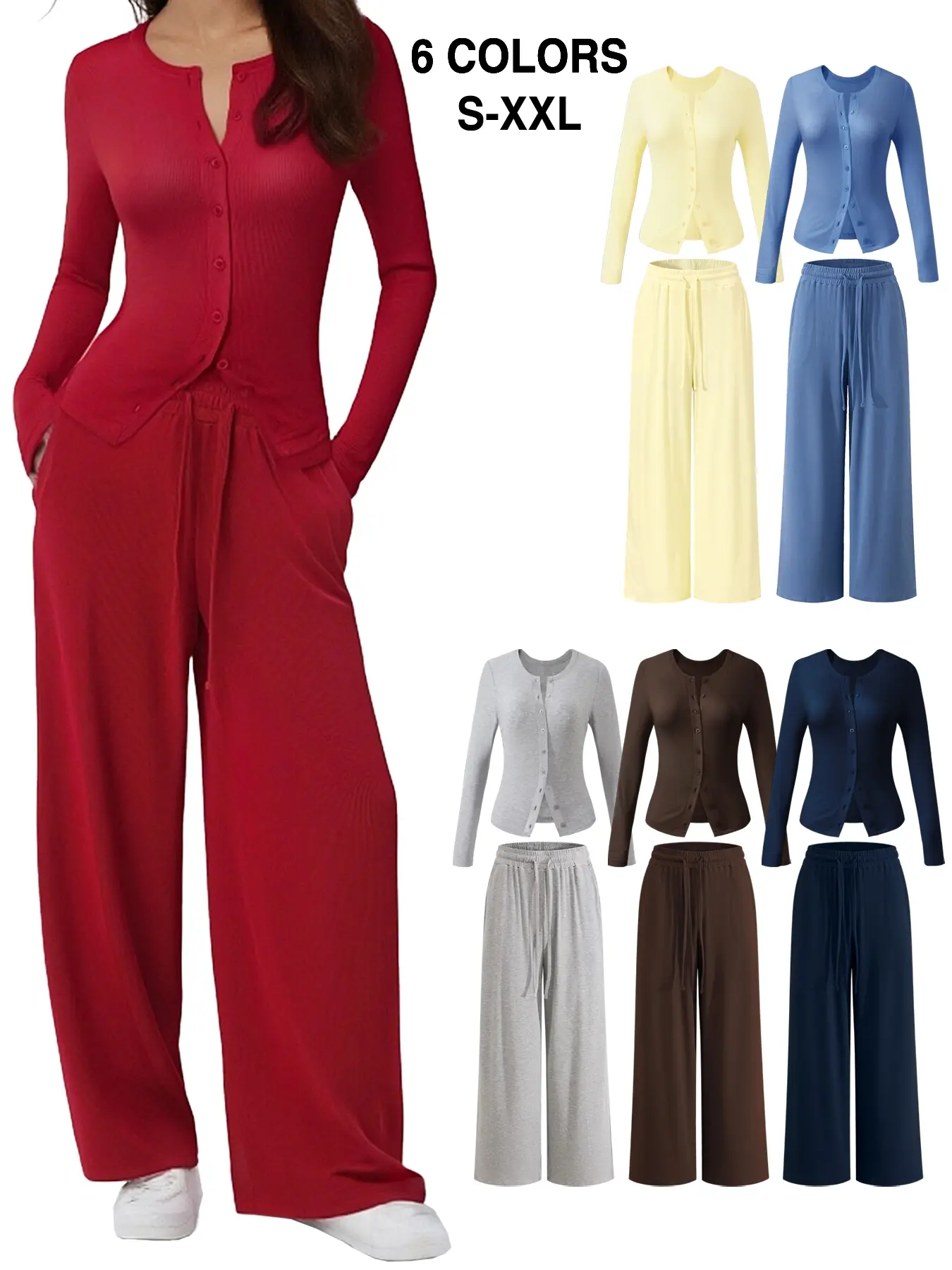 Women's Long Sleeve Round Neck Top & Wide Leg Pants, Knit Button Cardigan & Trousers Set, Spring Fall Solid Color Slim Fit, Casual Fashion Comfortable Clothes