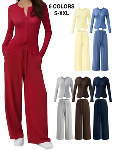 Women's Comfortable Long Sleeve Tops & Wide Leg Pants, Knitted Round Neck Button Cardigan & Pants 2 Piece Set, Womenswear, for Spring & Autumn, Breathable Solid Color Slim Fit Casual Suit, Suitable for Daily Commuting